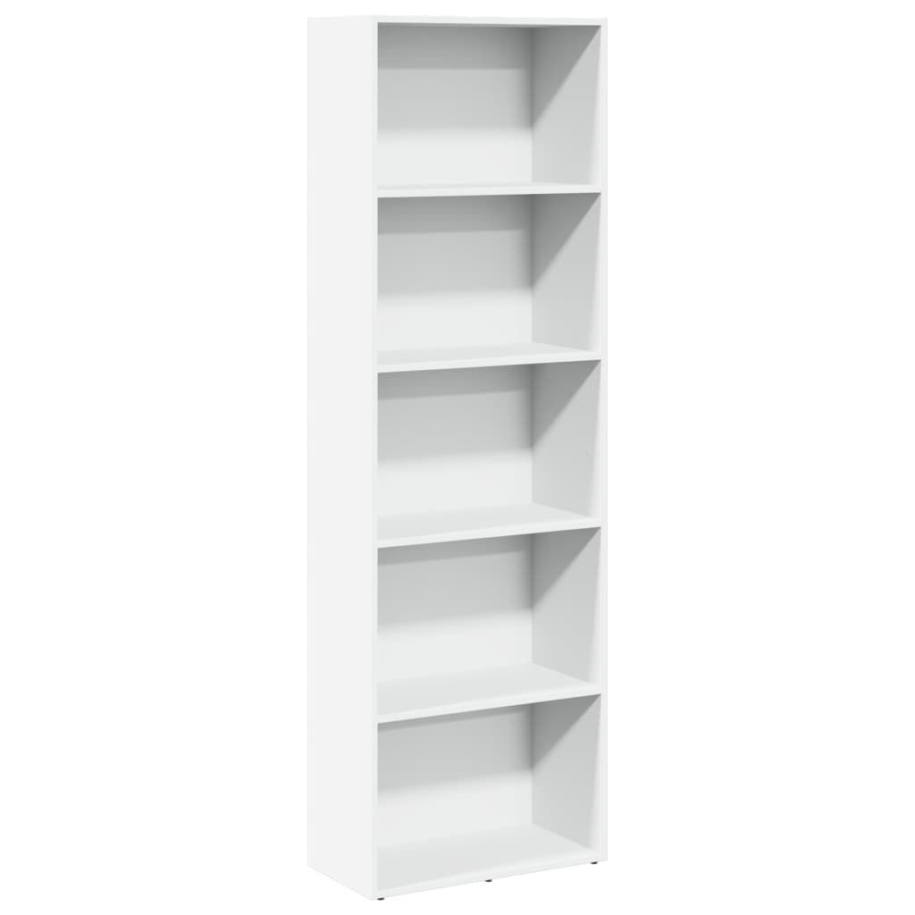 A tall, white, five-shelf bookcase is shown against a white background.