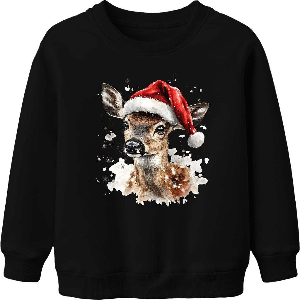 Weihnachten Rehkitz Aquarell Santa niedlich Winter Geschenk Uni Kinder Sweatshirt Pullover, Schwarz, 116