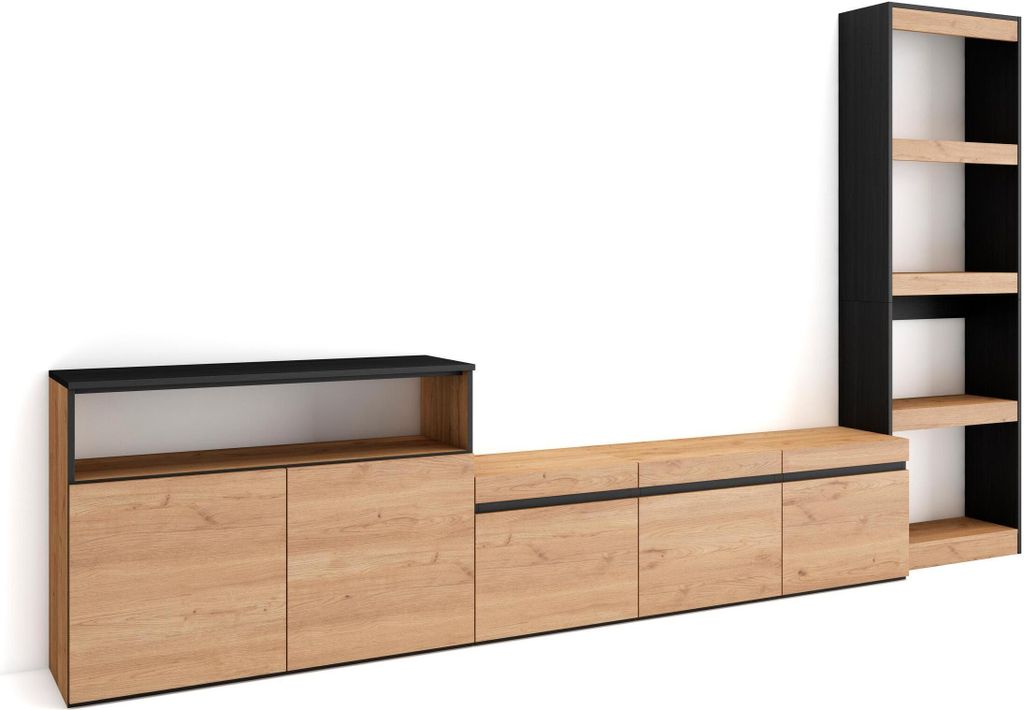 Wohnwand Wohnzimmer, 310x35x186cm, Für TV-Geräte bis zu 65", Wohnzimmer Möbel, Eiche und Schwarz