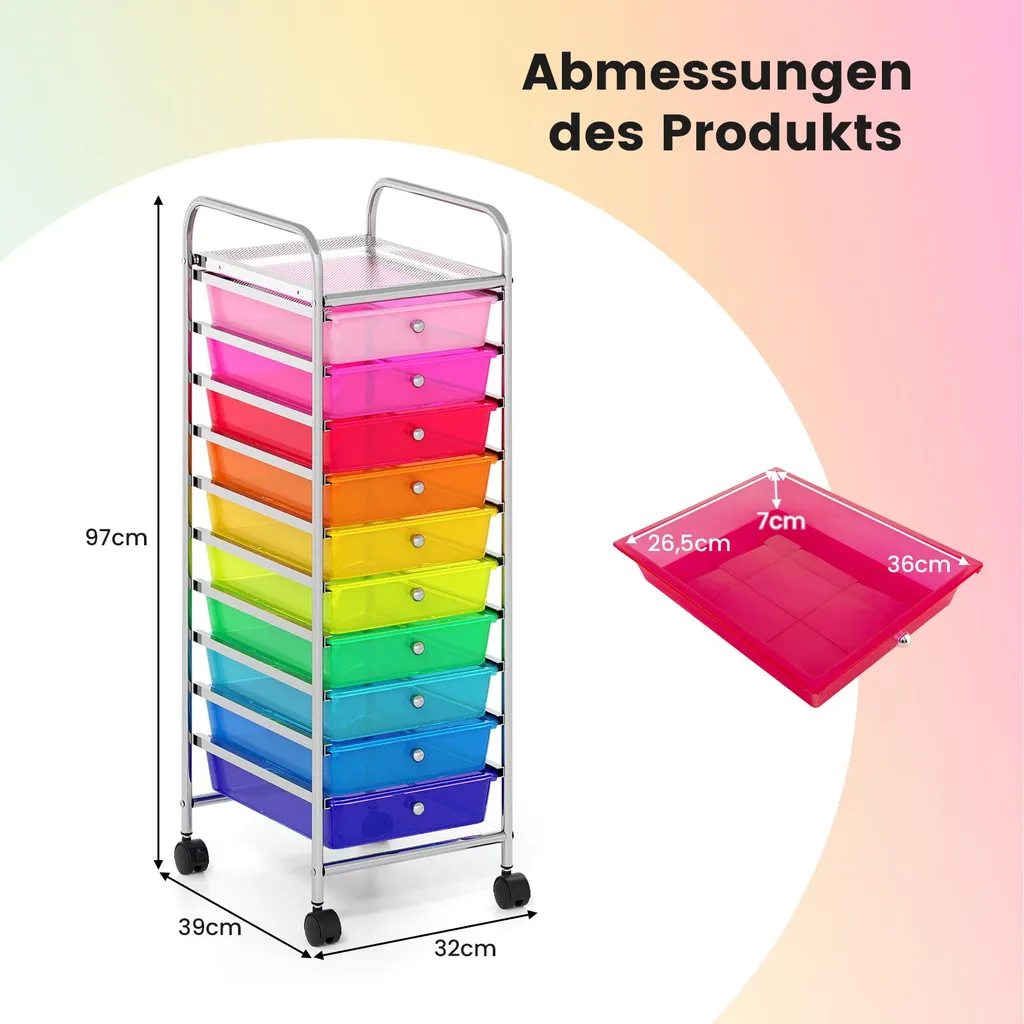 Caisson à roulettes multicolore avec 10 bacs de rangement amovibles - 3