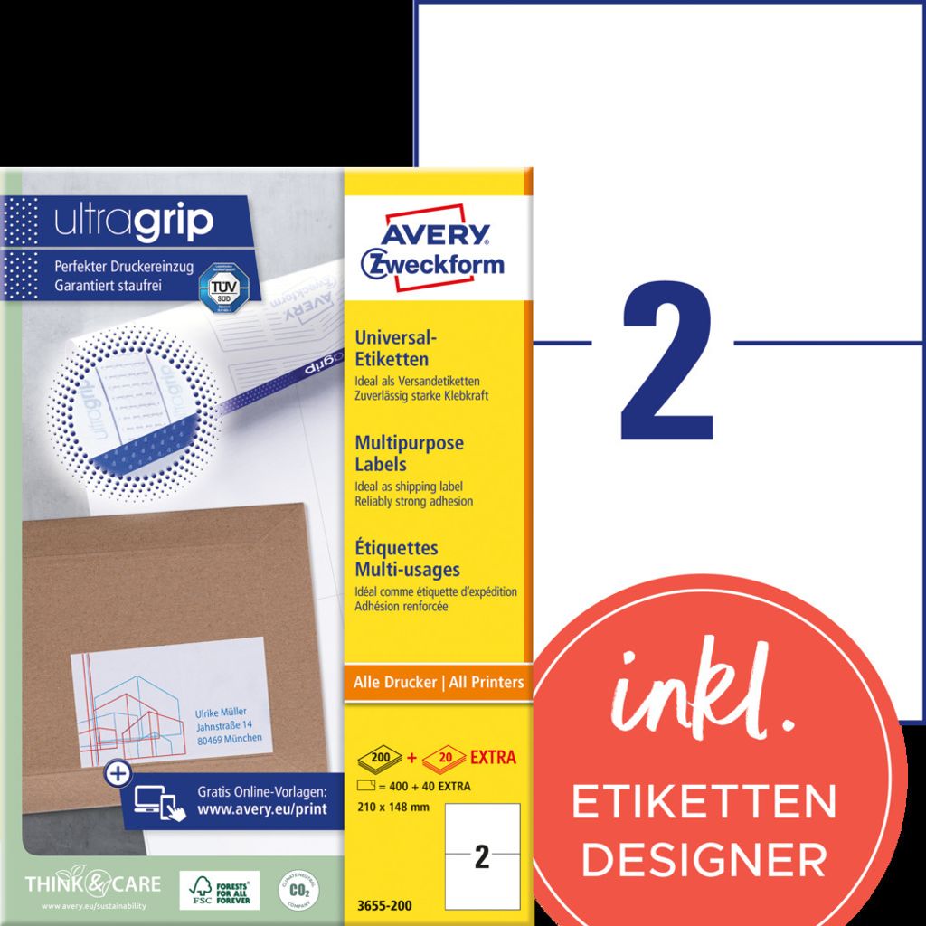 Avery Zweckform 3655-200 Universal-Etiketten, A4 mit ultragrip, 210 x 148 mm, weiß