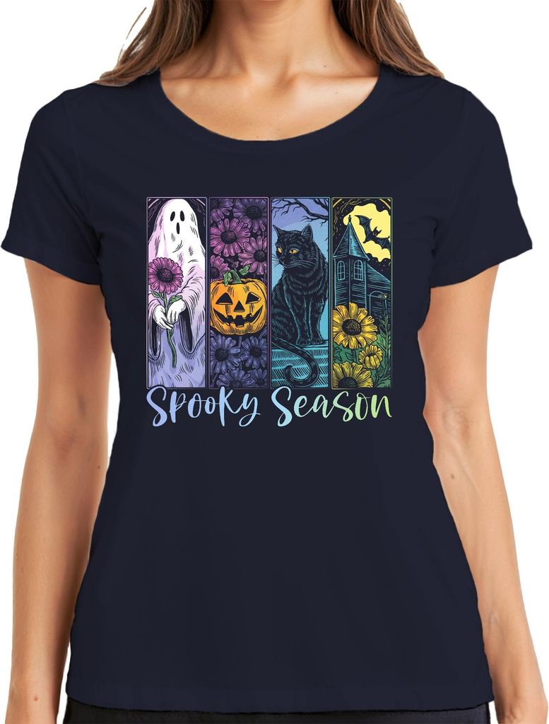 Spooky Season Halloween Kürbis Schwarze Katze Geist Herbst Grusel Damen T-Shirt, Navy, XL
