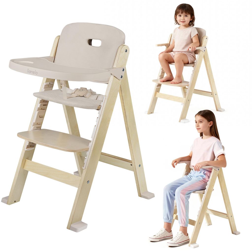 LIONELO Floris Hochstuhl Baby ab 6 Monate bis zu 40 kg, Fußstütze verstellbares, Tablett, Sicherheitsgurte, Konstruktion aus Birkenholz - Beige