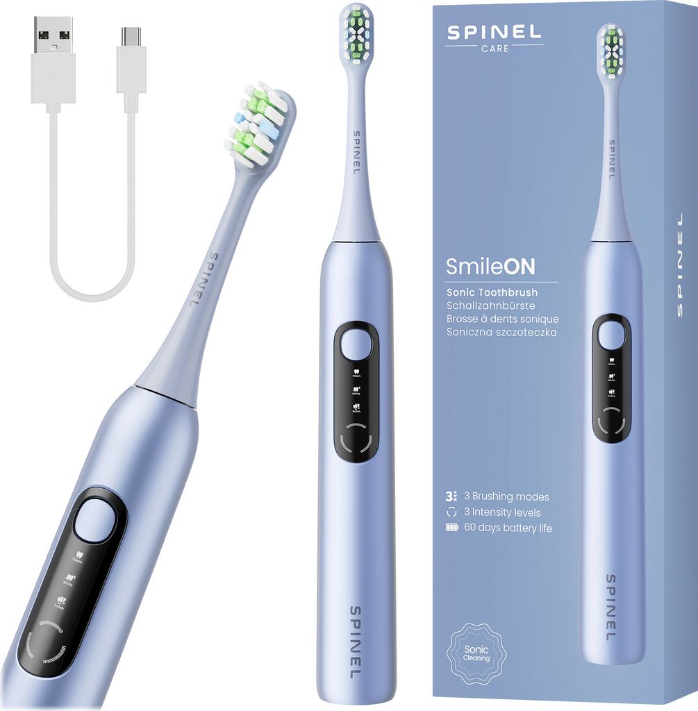 Spinel Care SmileON Schallzahnbürste Blau 3 Modi USB-C wiederaufladbar