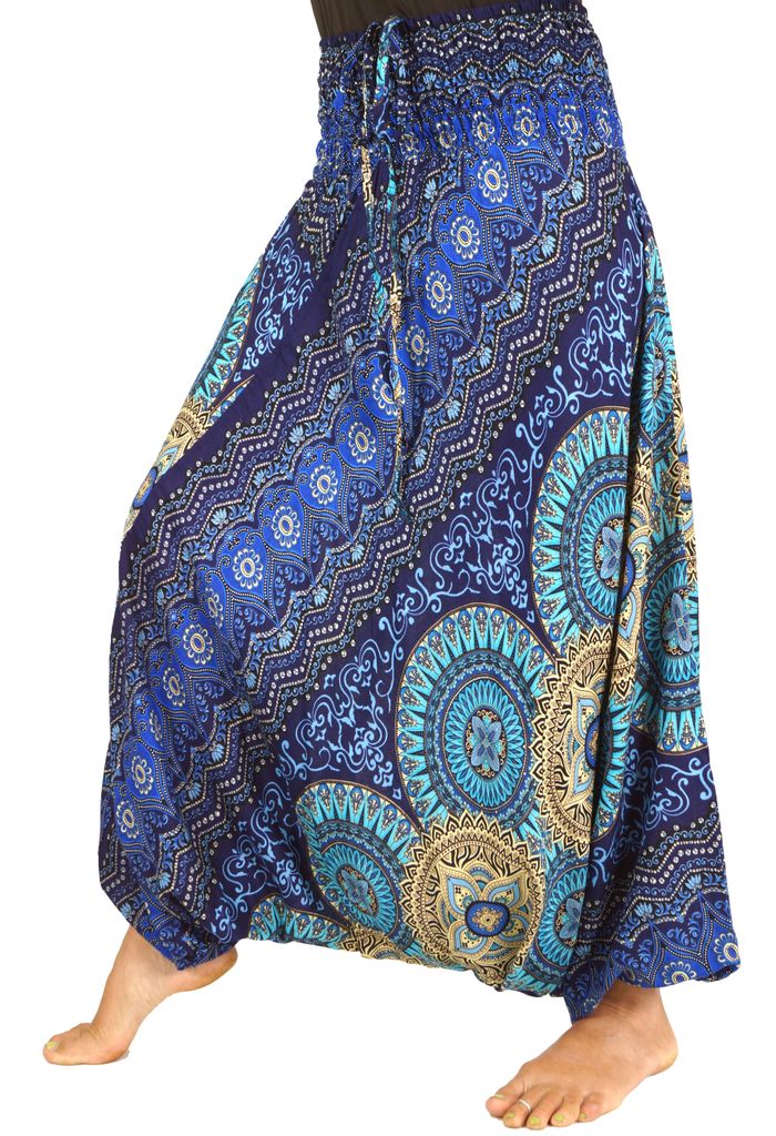 Afghani Hose, Overall, Jumpsuit, Haremshose, Pluderhose, Pumphose, Aladinhose - Blau/beige, Damen, Viskose, Hosen