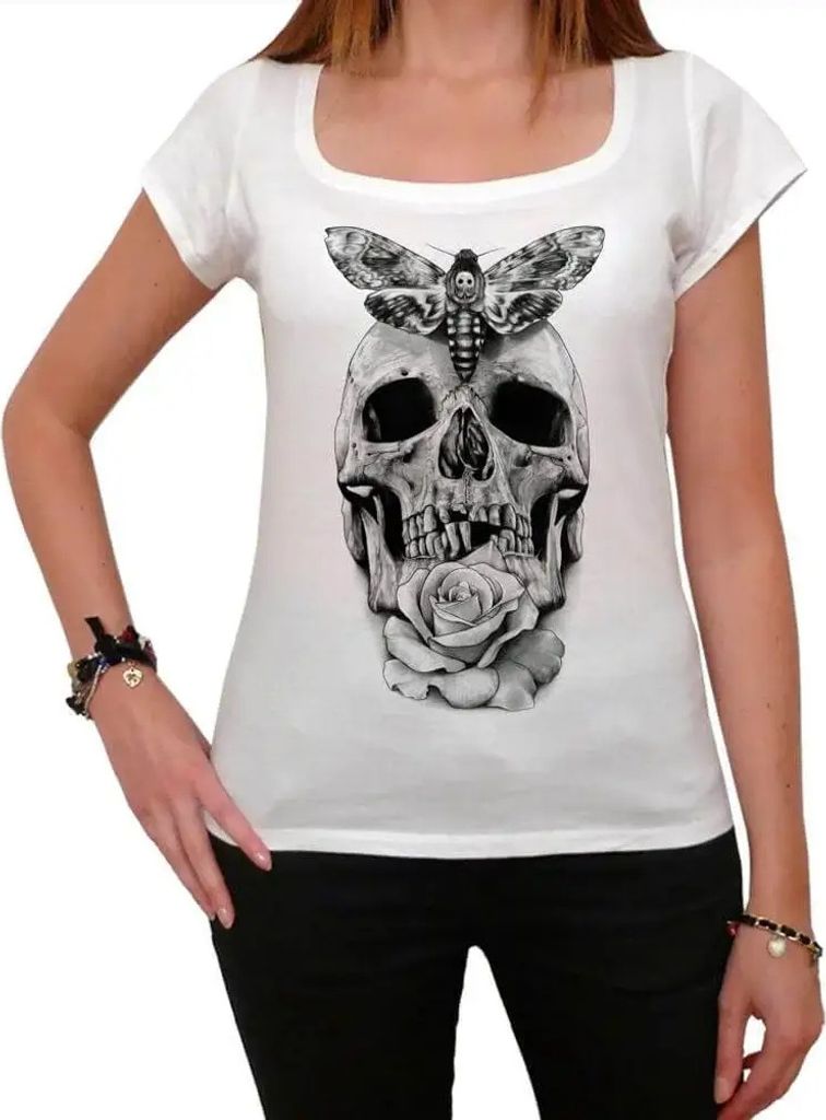 Damen Grafik T-Shirt Totenkopf mit Motte und Rose Tattoo – Skull With Moth And Rose Tattoo – Öko-Verantwortlich Vintage Jahrgang Kurzarm Lusti...