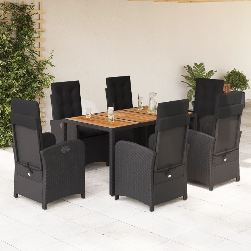 The Living Store 7-tlg. Garten-Essgruppe mit Kissen Schwarz Poly Rattan