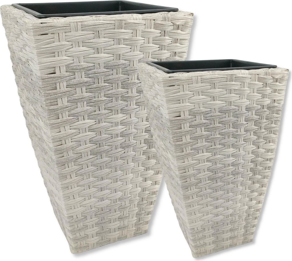 Poly-Rattan Blumentopf weiß 2er Set - 51 und 60cm eckig hoch mit Einsatz schwarz Blumenkübel Übertopf Pflanz-Töpfe