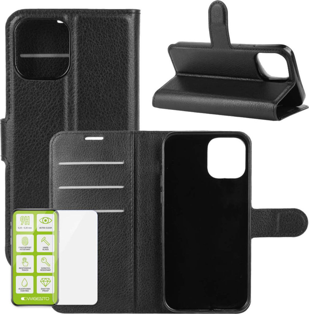 Für Apple iPhone 13 Pro Max Handy Tasche Kunst-Leder Schwarz Hülle + H9 Glas
