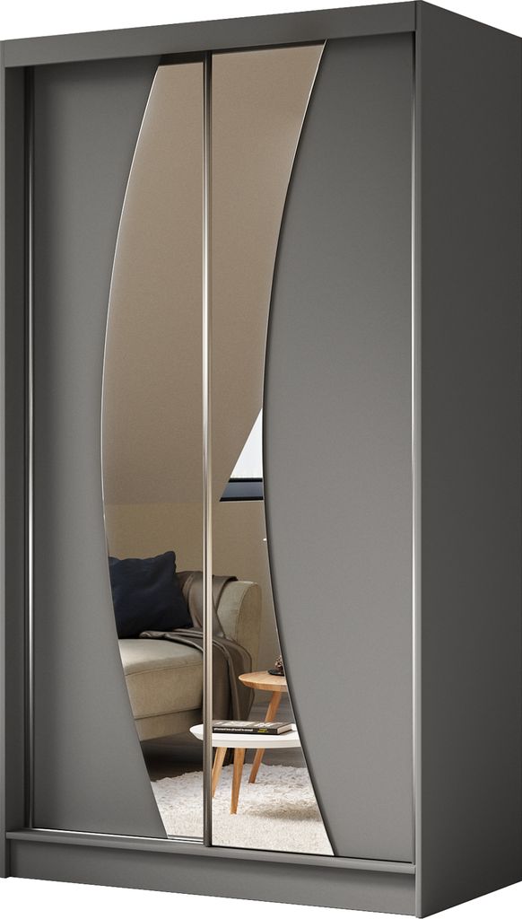 AGMAT Schwebetürenschrank Bergen, Kleiderschrank mit 2 Türen und Spiegel, Moderne Garderobe in Farbe: Graphit / Graphit, Schrank in Größe: 120 ...