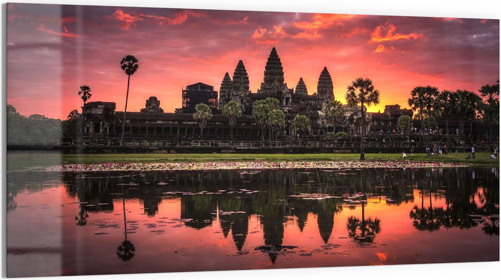 DEQORI Glasbild Echtglas 100x50 cm 'Angkor Wat in Morgenröte' Wandbild Bild modern Deko