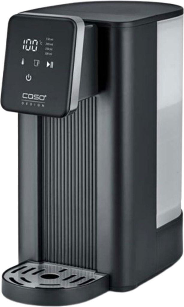 A black and gray instant hot water dispenser with a digital display.