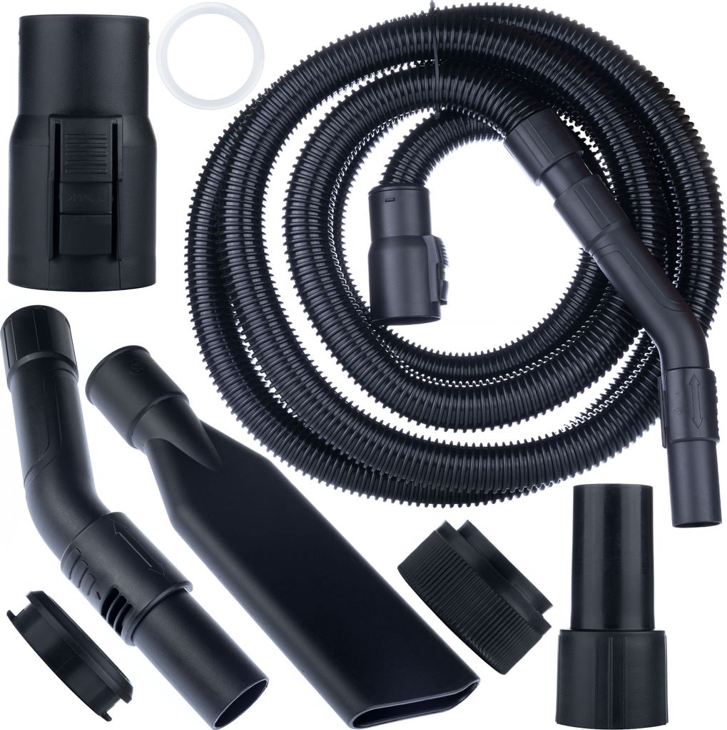 A collection of vacuum cleaner accessories, including a hose, various nozzles, and adapters, laid out on a white background.