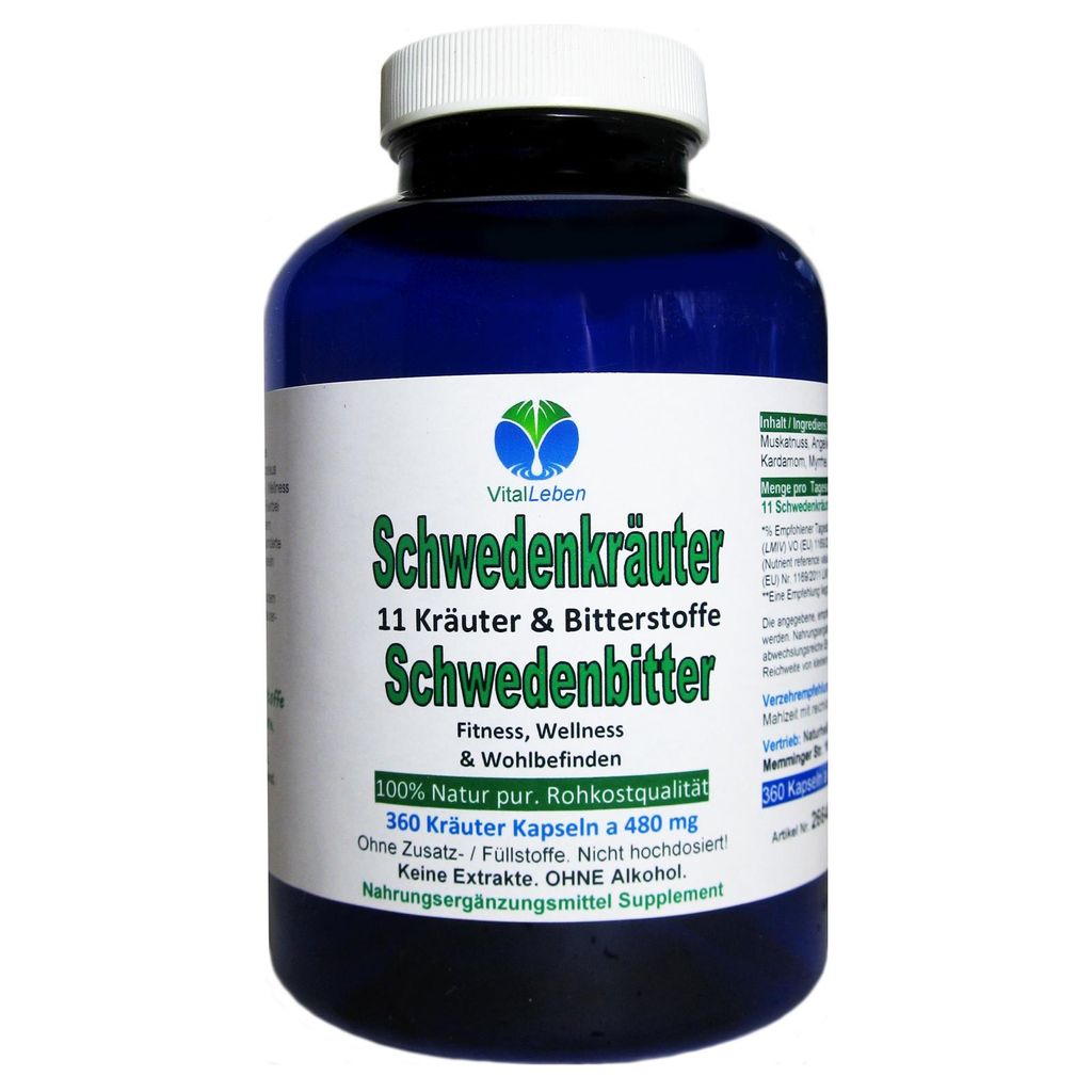 Schwedenkräuter 11 Bitter Kräuter & Bitterstoffe 360 Pulver Kapseln NATUR Pur ohne Zusatzstoffe.