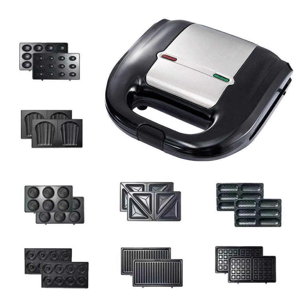 Elektrischer 8-in-1-Sandwich-Maker, Crêpes-Maker, Fruehstuecksmaschine mit 8 herausnehmbaren Antihaftplatten, für Waffeln, Donuts, Schwarz