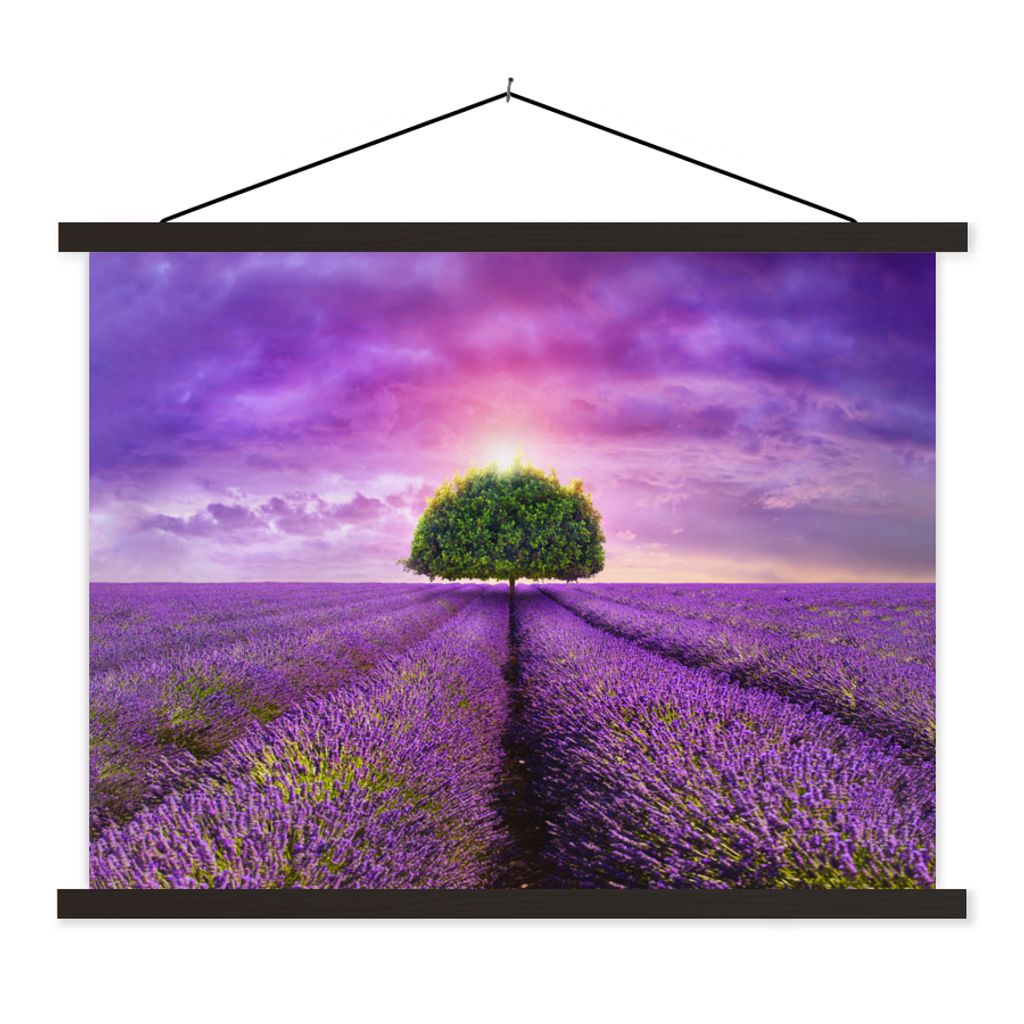 MuchoWow Textilposter Lavendel - Baum - Lila - Wolken 60x45 cm mit schwarzem Rahmen - Poster Schlafzimmer