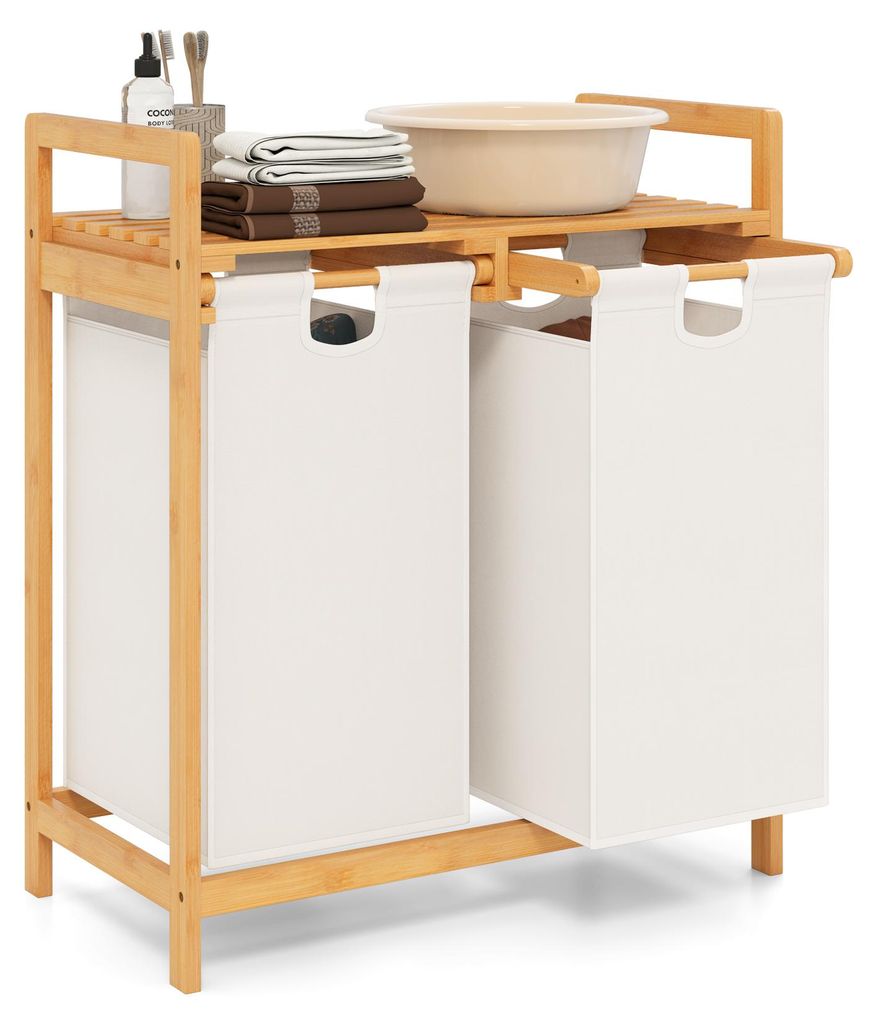 A bamboo laundry hamper with two compartments and a top shelf.