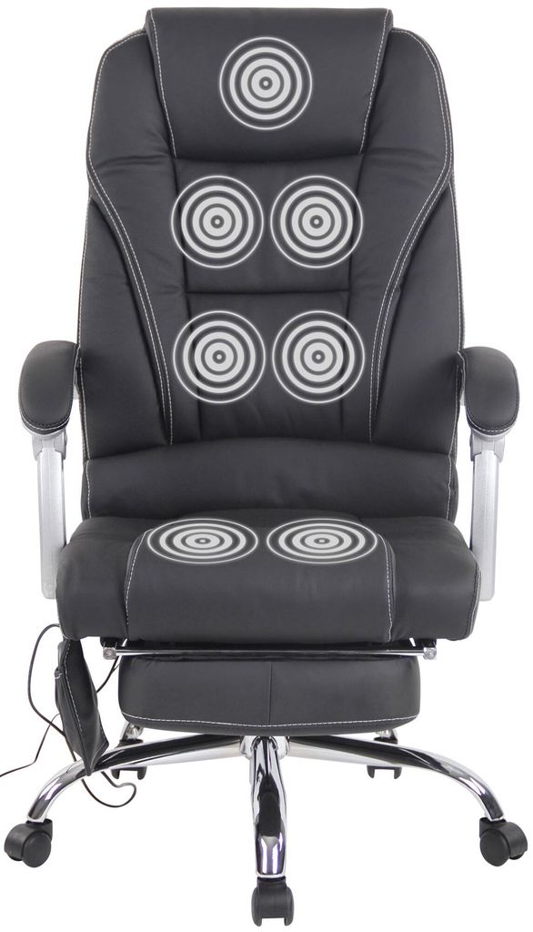 A black office chair with massage features is shown against a white background.