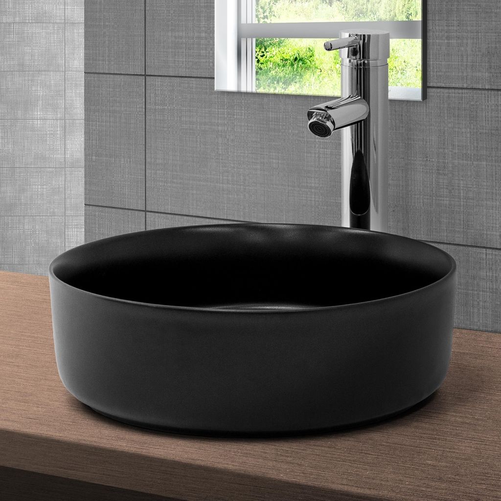 LuxeBath Waschbecken Aufsatzwaschbecken Rund, Ø 36x12 cm, Schwarz matt, aus Keramik