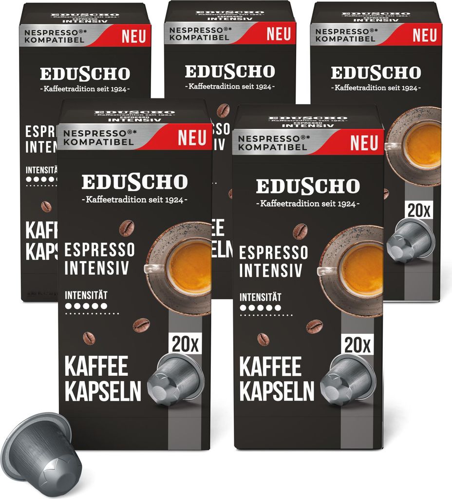 Tchibo Eduscho Vorratsbox Espresso Intensiv Kaffeekapseln, 100 Stück (5 x 20 Kaffeekapseln), kompatibel mit Nespresso, dunkle Röstung, kräftig u...