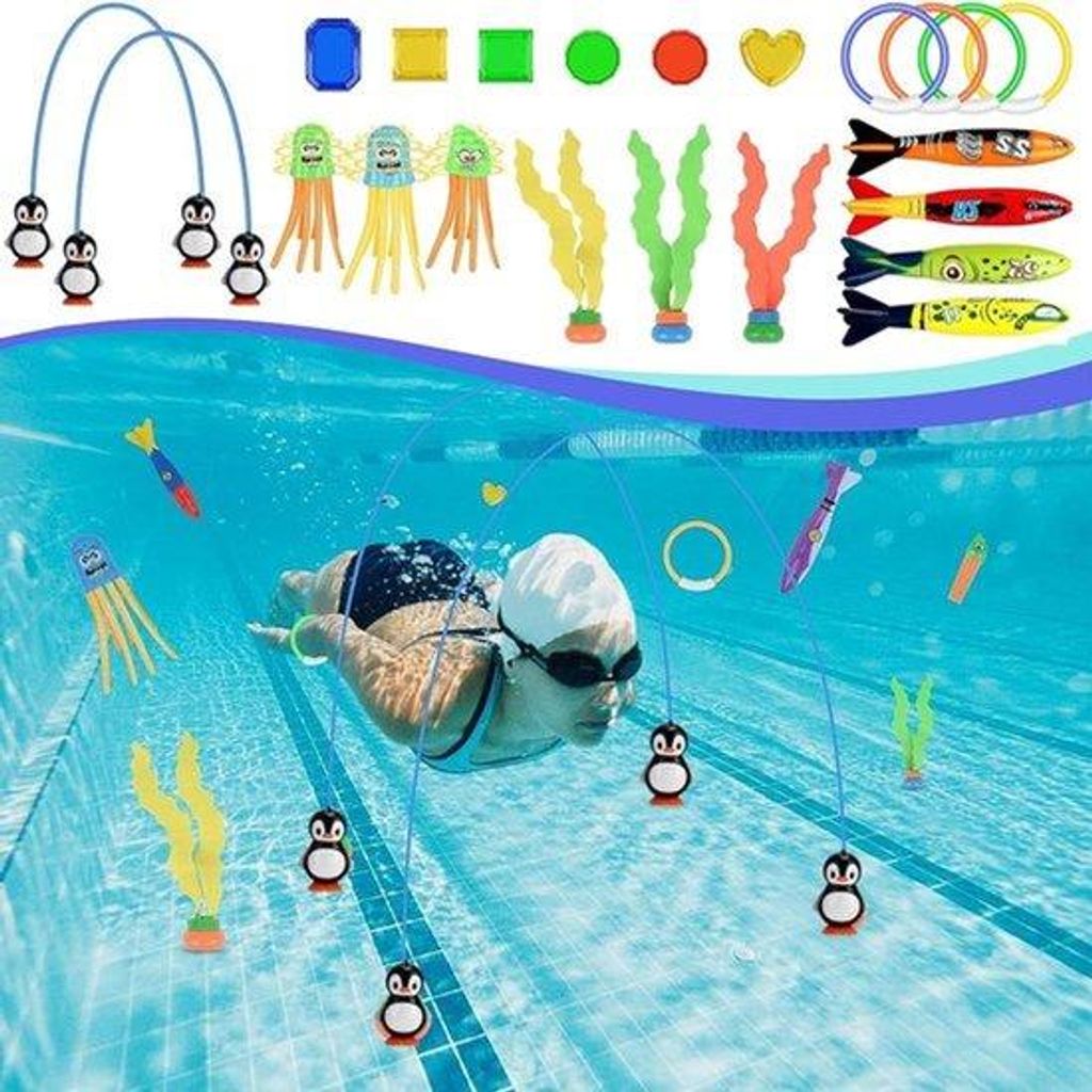 Schwimmbad Spielzeug Set - 22 Stück mit Pinguin Tauchtor, Edelsteinen, Tauchringe und Toypedo Banditen Waschmaschine