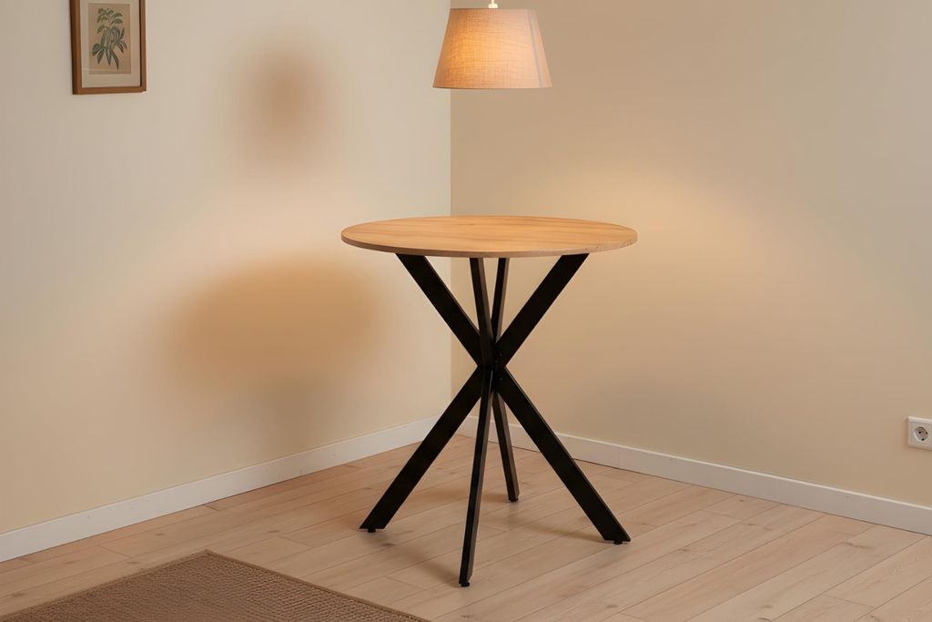 Esszimmertisch Kahlo | Ø 70 cm | Holz | Farbe Eiche | 15 mm | Bistrotisch rund | Esstisch mit stabilem Metallgestell | Moderne Kreuzform