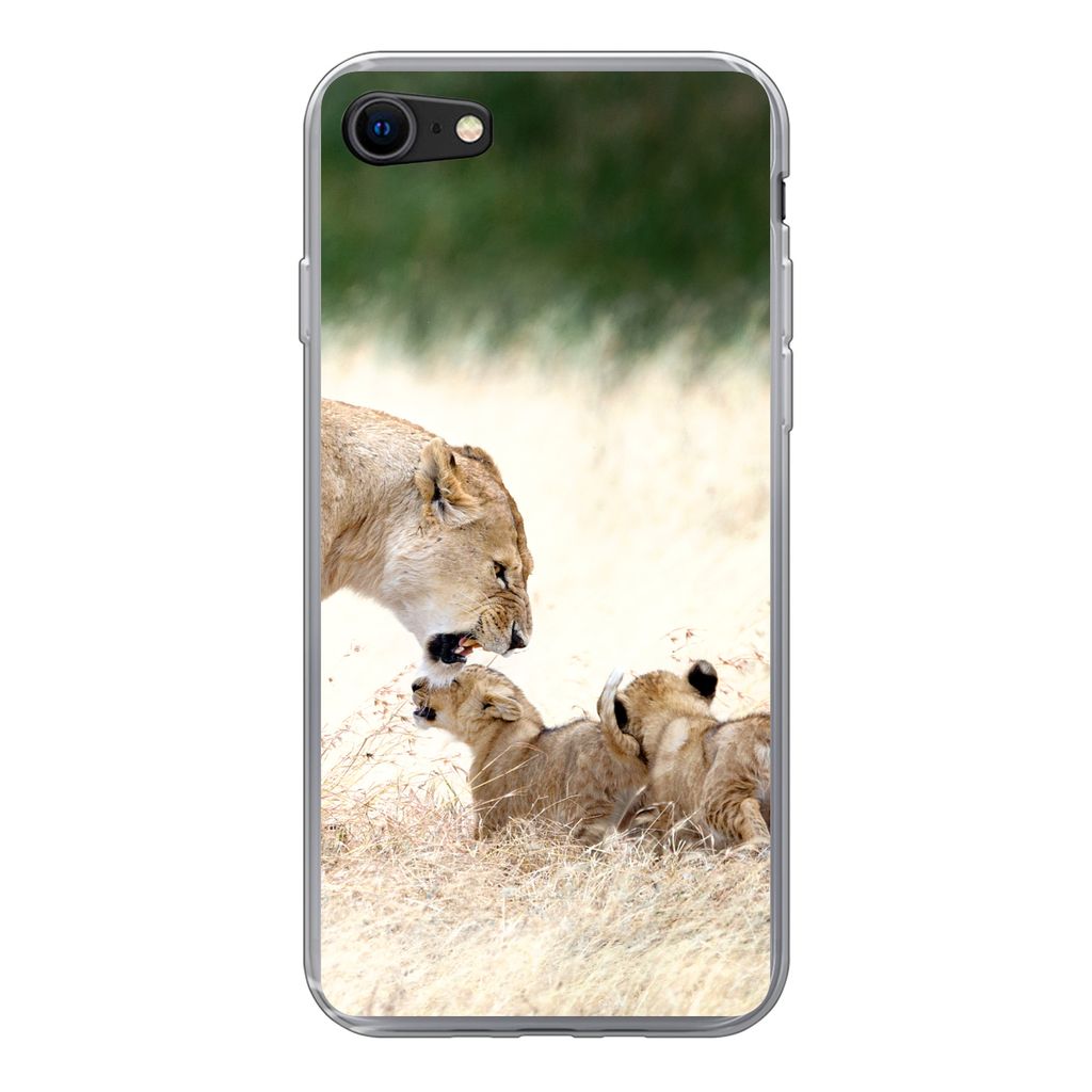 MuchoWow Handyhülle Schutzhülle Hülle für iPhone SE 2020 Löwe - Gras - Junge - Familie Silikon Softcase Handy Hülle - Kartenbesitzer