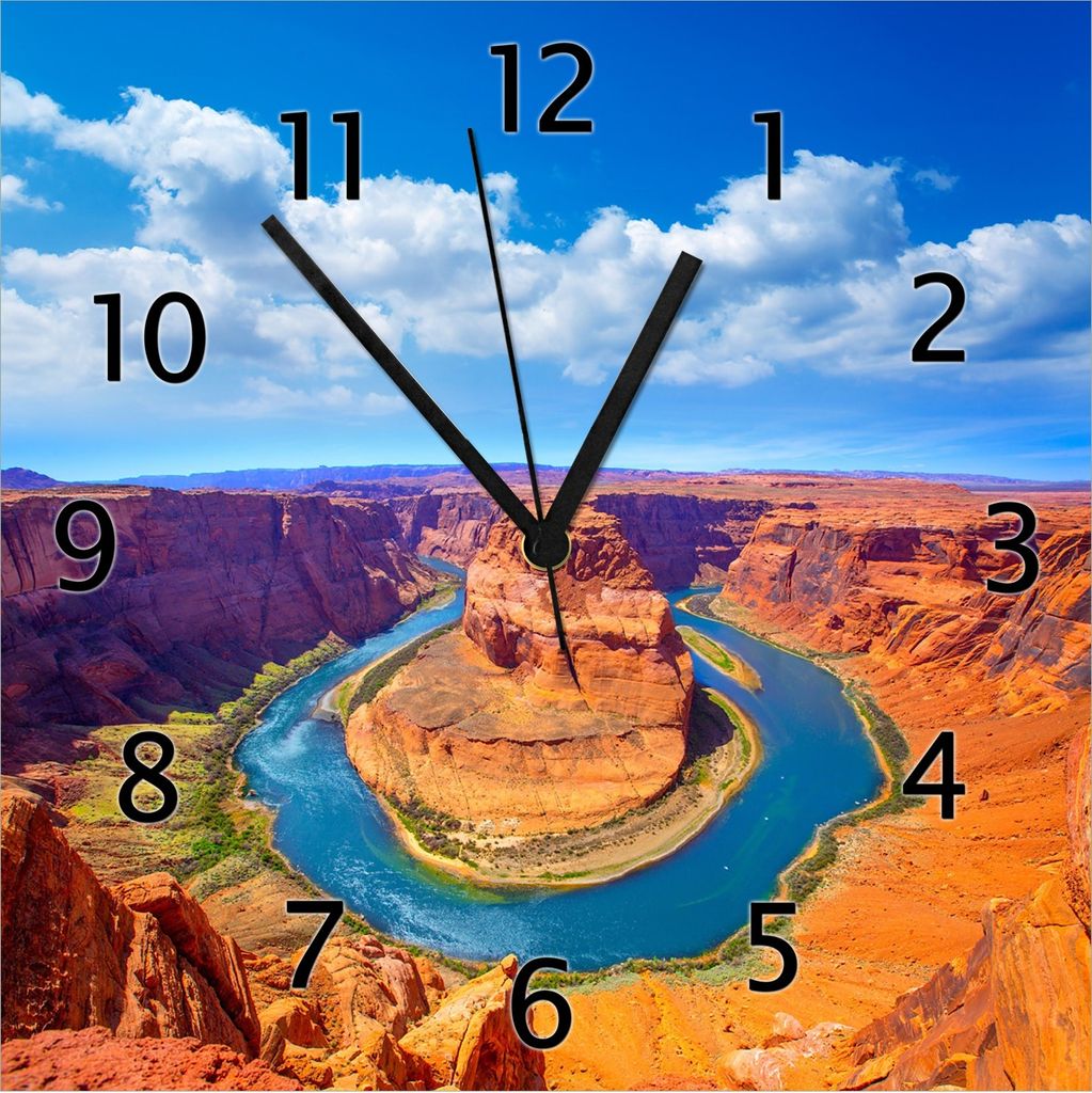 Wallario Design Wanduhr Hufeisenförmiger Mäander des Colorado River aus Echtglas, Größe 30 x 30 cm