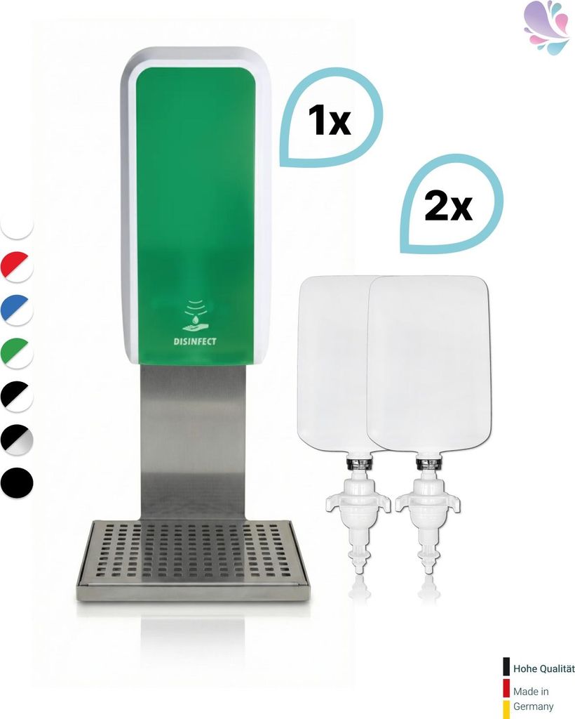 SET: Desinfektionsspender SENSOR Cosmos (berührungslos) +2x1L Händedesinfektion+Edelstahlhalterung mit Auffangschale Wandmontage : Farbe - Grün ...