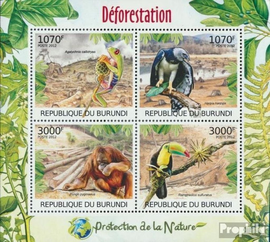 Briefmarken Burundi 2012 Mi 2580-2583 Kleinbogen (kompl.Ausg.) postfrisch Durch Entwaldung bedrohte Tiere