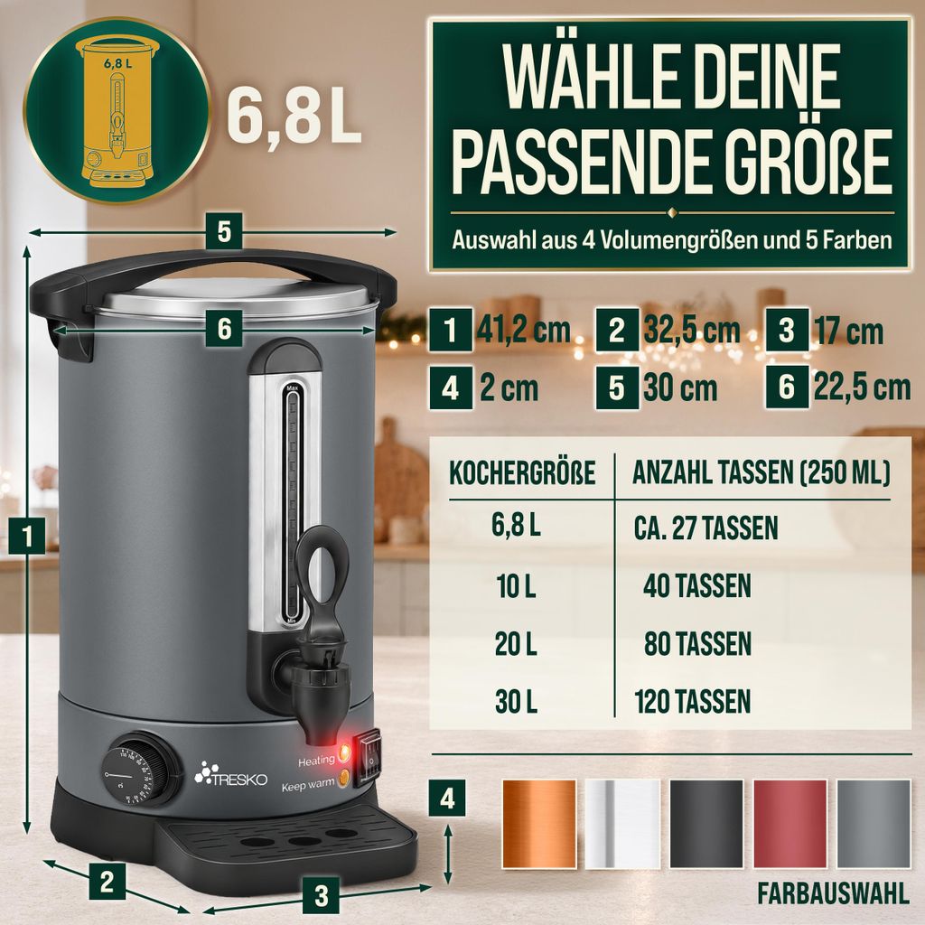TRESKO® Glühweinkocher Grau 6,8L / 1500W Einkochautomat aus