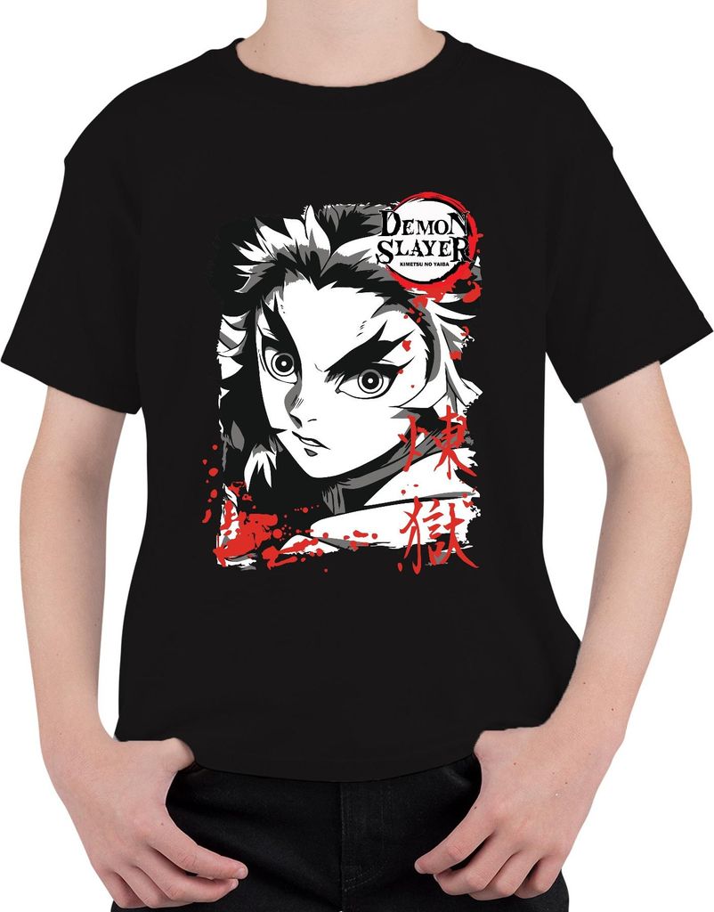 Demon Slayer Kimetsu no Yaiba Rengoku Feuer Anime Geschenk Uni Kinder T-Shirt, Schwarz, 152