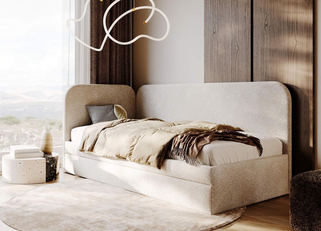 Jugendbett Sara 100x200 cm, Polsterbetten mit Schublade und Kopfteil, Weicher Loop-Stoff, Grau, Rechts