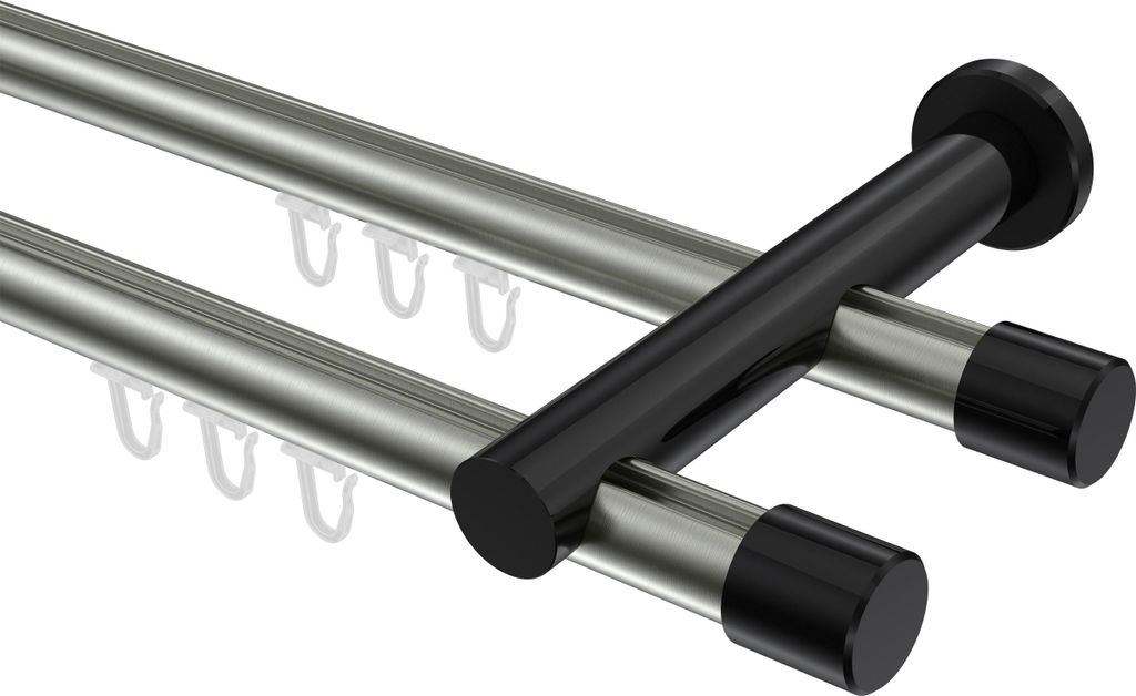 Interdeco Innenlaufstange / Gardinenstange mit Innenlauf Edelstahl-Optik / Schwarz, Typ Platon Santo (Kappe), 20 mm Ø 2-läufig, 540 cm