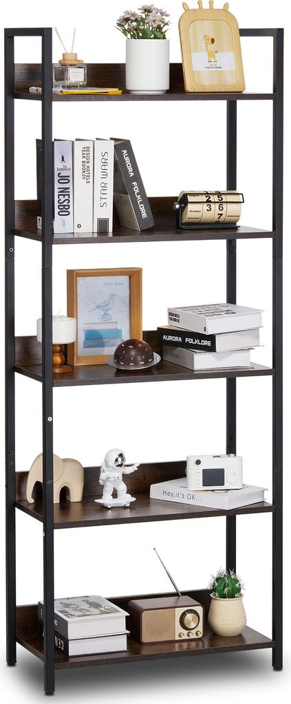 A multi-shelf bookcase with various decorative items and books.