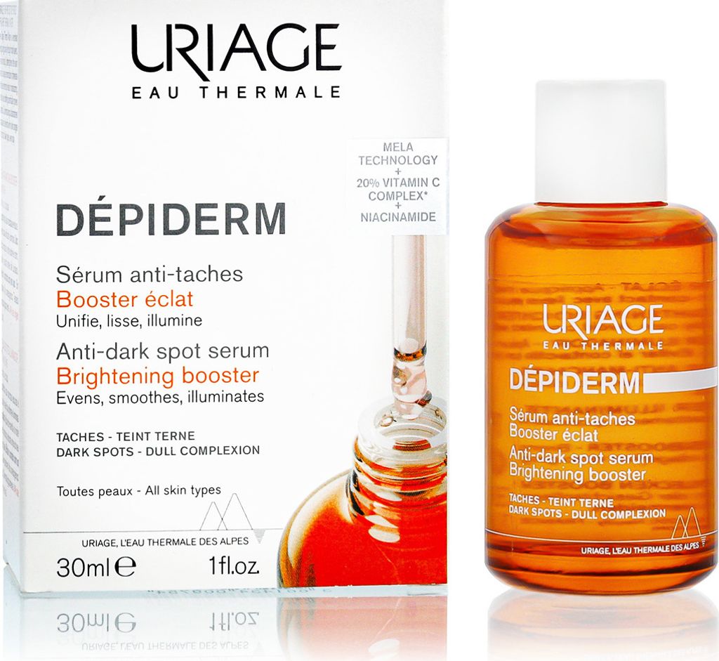 A product shot of Uriage Dépiderm Brightening Booster serum, with the product box and bottle shown side-by-side against a white background.