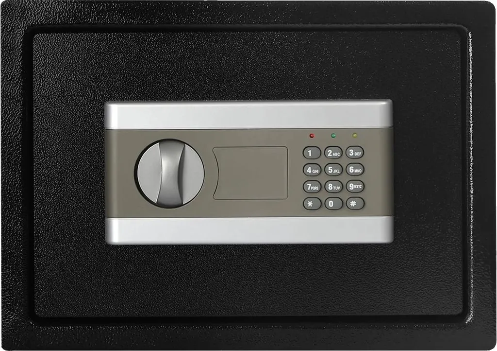Petit coffre en acier avec design compact noir et structure renforcée