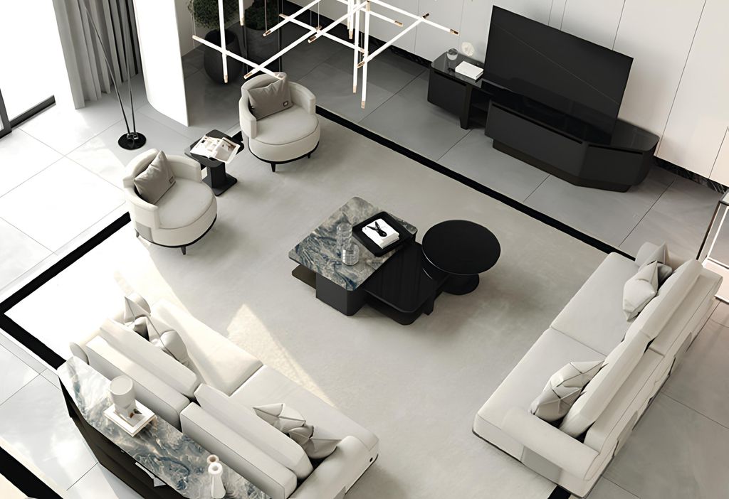 Schwarz-weißes Wohnzimmer-Set Sofas Sessel TV-Möbel Holz-Couchtisch