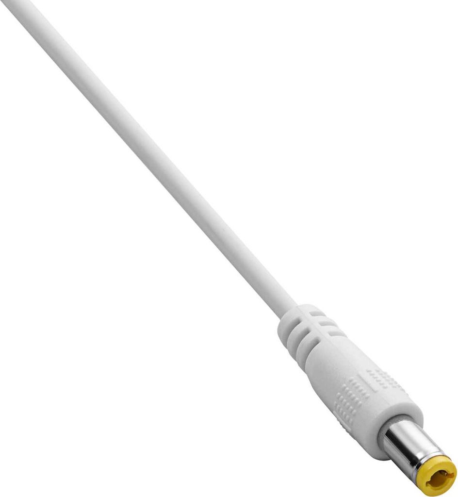 A white power cable with a DC barrel connector.