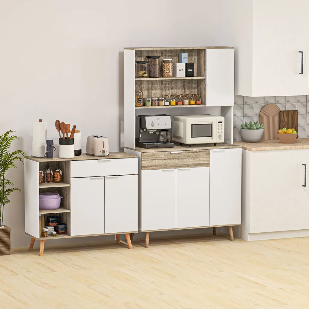 HOMCOM Buffet de cuisine blanc commode de rangement avec étagères réglables - 2