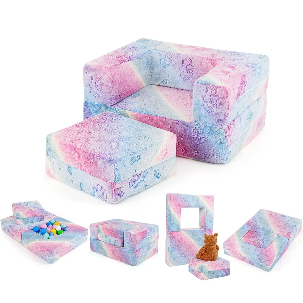 GOPLUS Kindersofa Spielsofa, Modulares Sofa ausklappbar mit leuchtenden Mustern & abnehmbarem Flanellbezug (71 x 53,5 x 34,5 cm,Bunt)