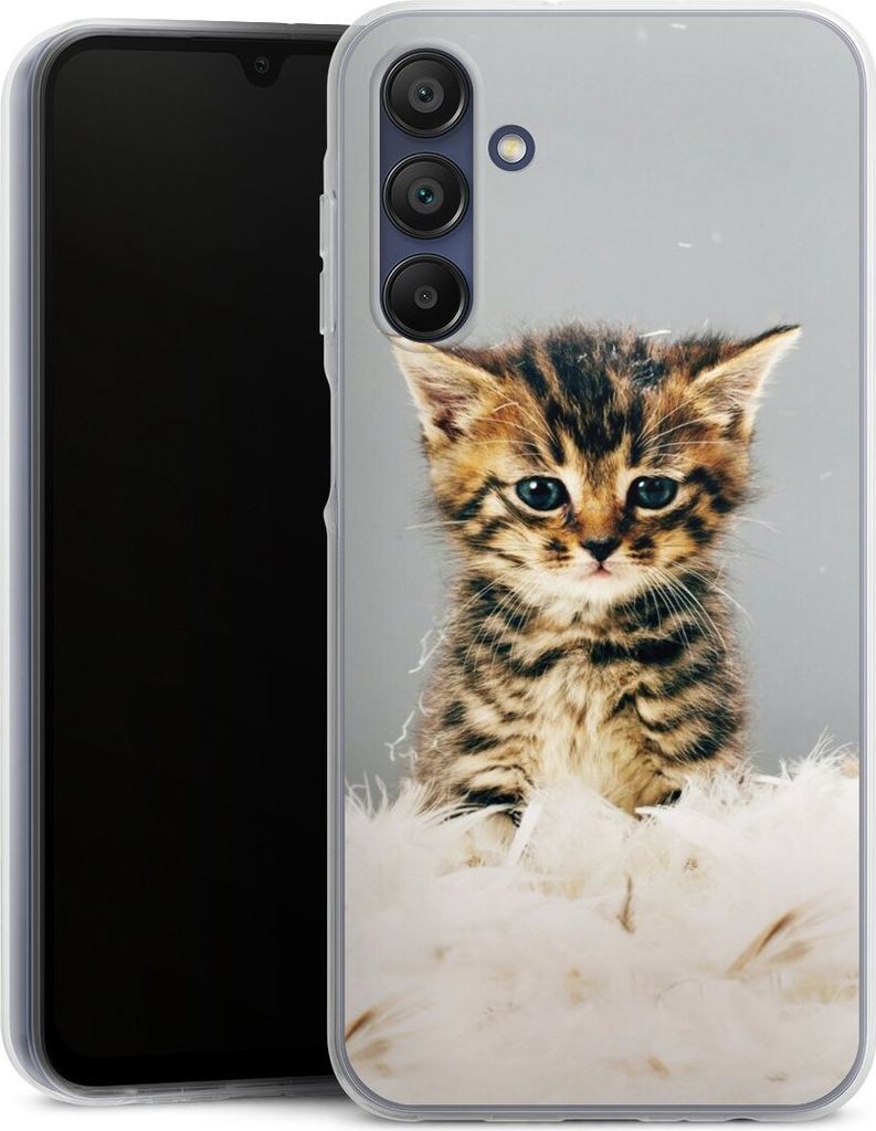 DeinDesign Handyhülle für Samsung Galaxy A15 5G Silikon Hülle Case Smartphone Schutzhülle Feder Haustier Katze