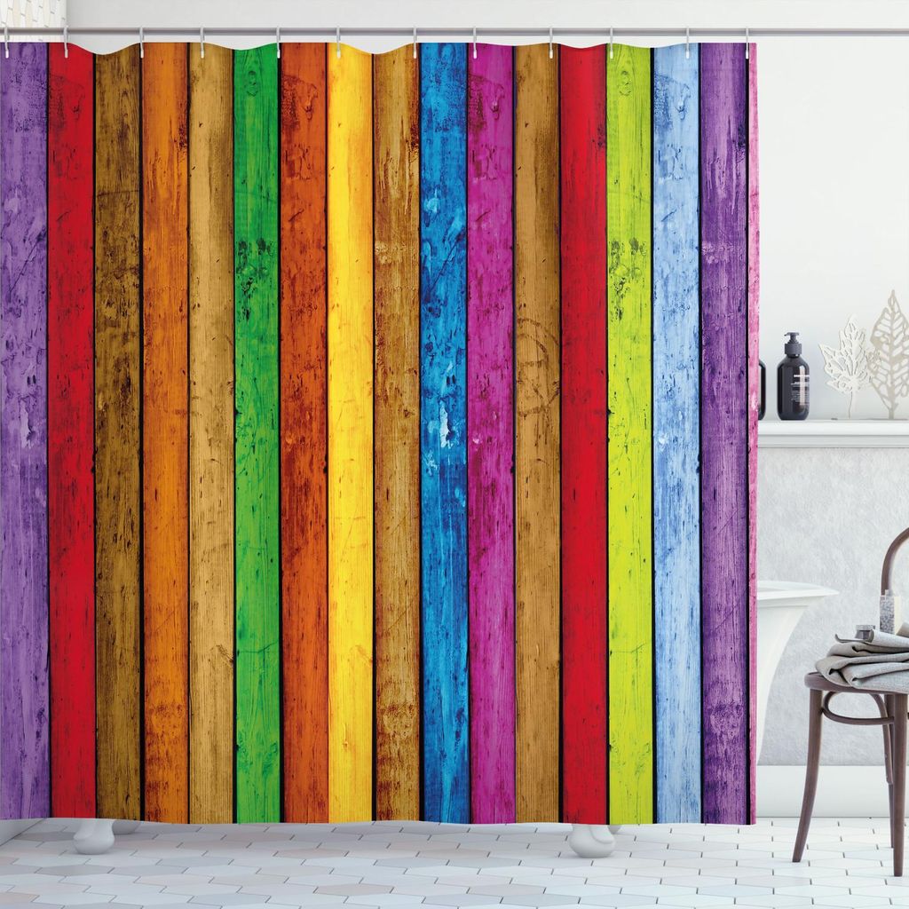 ABAKUHAUS Abstrakt Duschvorhang, Vibrierende gemalte hölzerne vertikale Planken als Hintergrund-nettes künstlerisches Regenbogen-Bild, 175 x 180 ...