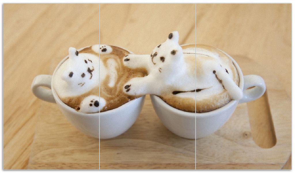 Wallario Herdabdeckplatte aus Glas, Größe 90 x 52 cm 3-teilig, Motiv Süße Milchschaum Katzen auf Kaffee