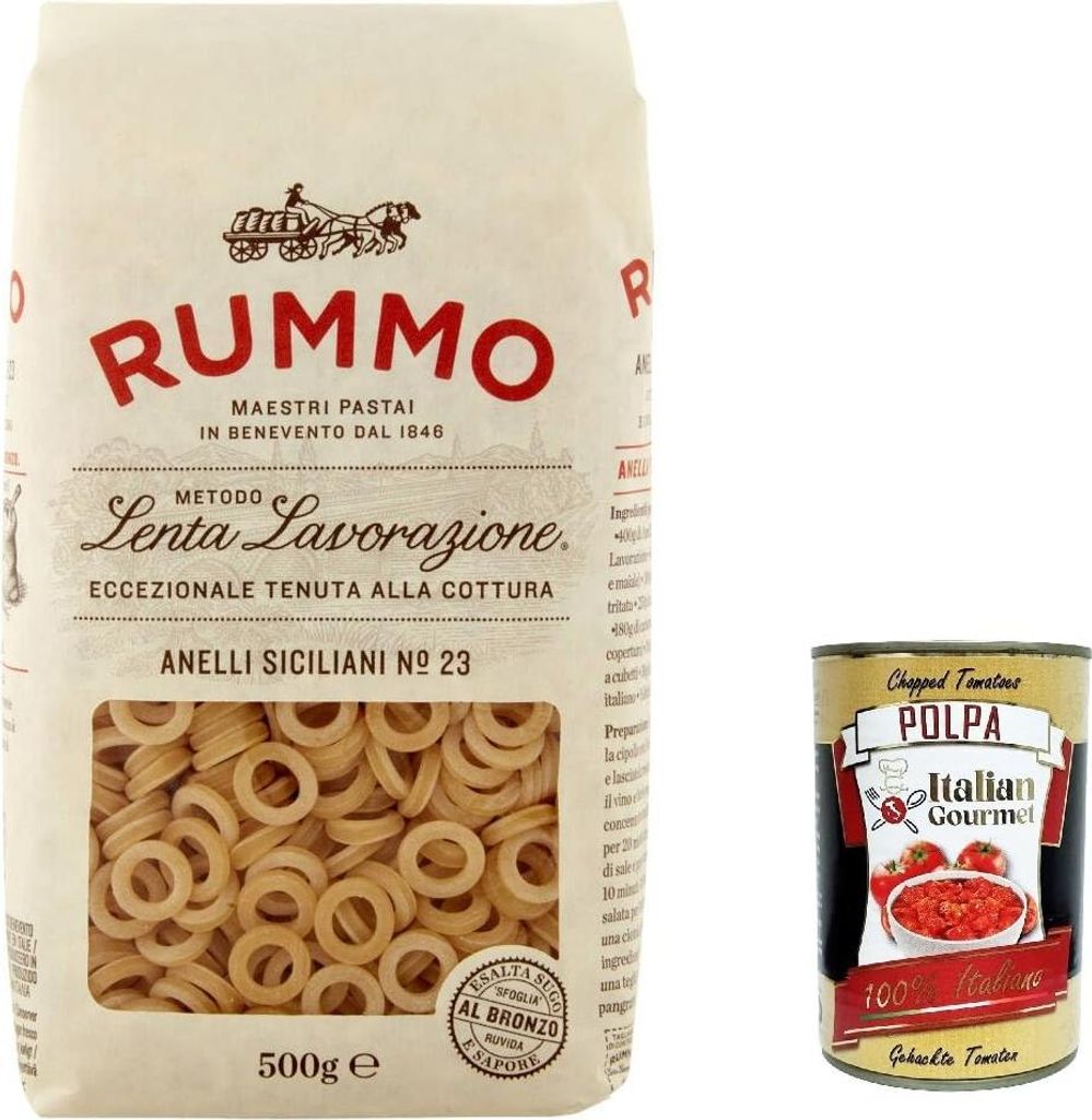 5x Rummo Anelli siciliani N°23 Pasta Lenta Lavorazione Teigwaren aus Hartweizengrieß Bronze-Zeichnung 500g + Italian Gourmet polpa 400g