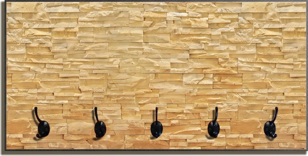 Wallario Flurgarderobe Wandgarderobe aus Holz, mit 5 Haken, Größe 80 x 40 cm, Motiv Steinwand gelb-orange