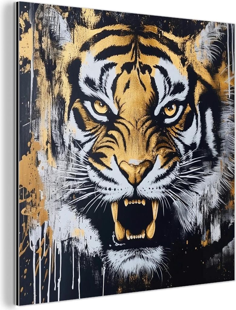 MuchoWow Wanddekoration Metall Metallbild Wandkunst 50x50 cm Tiger - Farbspritzer - Gold MuchoWow Aluminium Gemälde - Alubild - Industrial