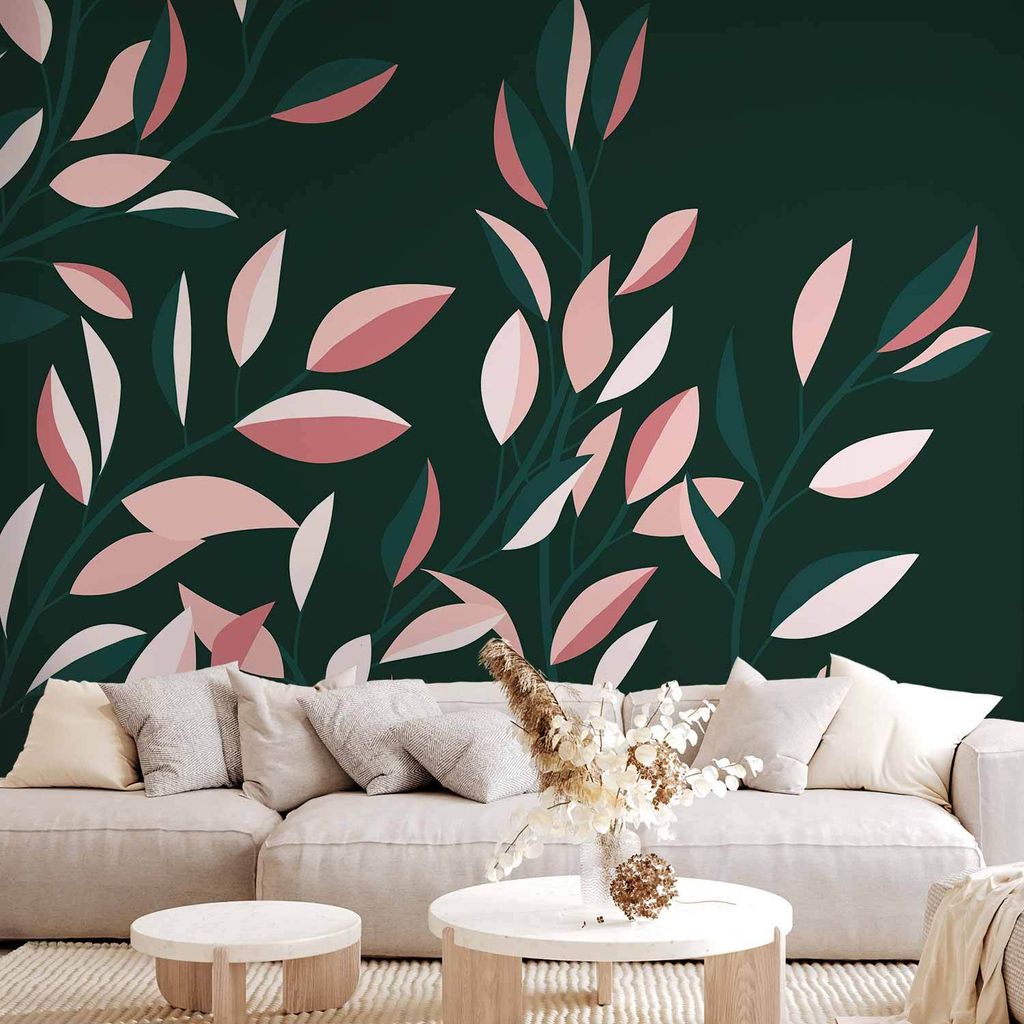 Selbstklebende Folie Fototapete - Flowering vine - minimalist climbing leaves on a green background 343x256 cm Blätter b-A-10108-a-c