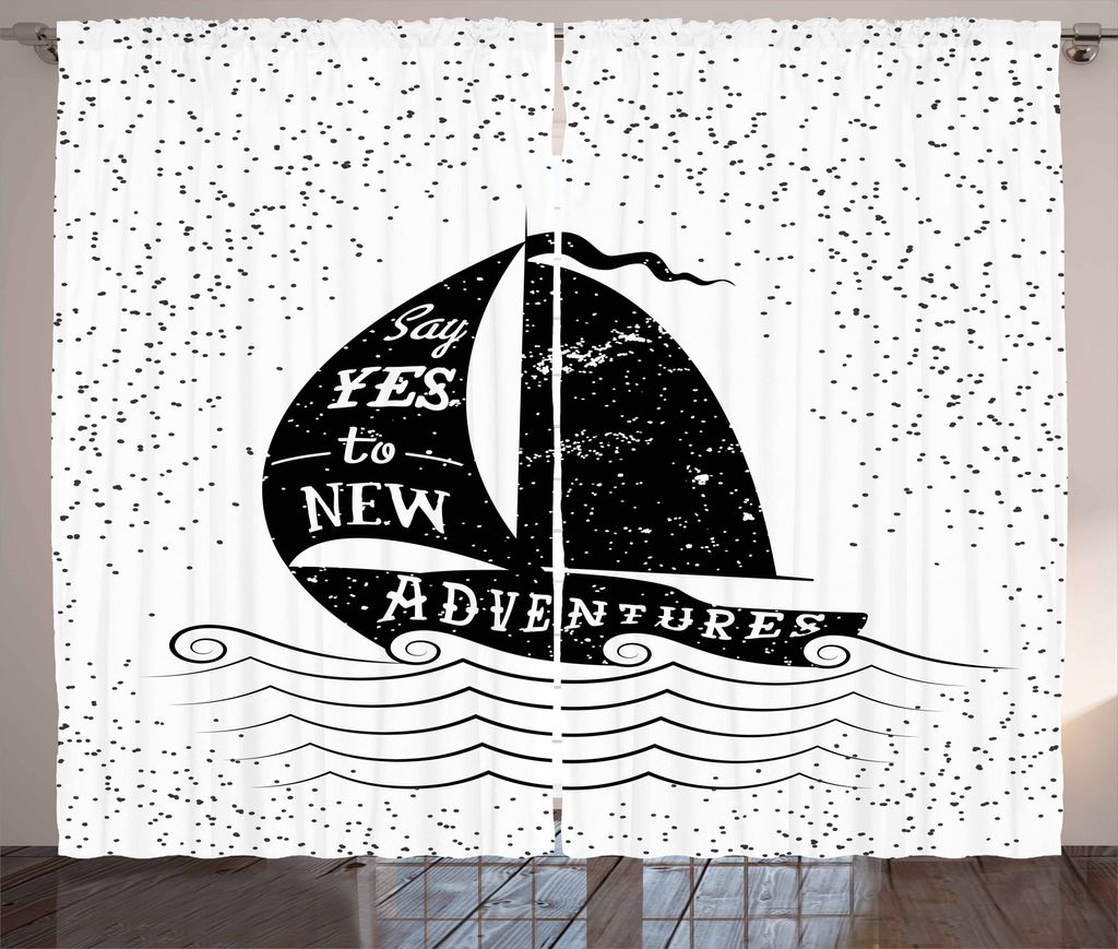 ABAKUHAUS Abenteuer Rustikaler Gardine, Kleines Boot Maritime, Schlafzimmer Kräuselband Vorhang mit Schlaufen und Haken, 280 x 225 cm, Weiß Schwarz