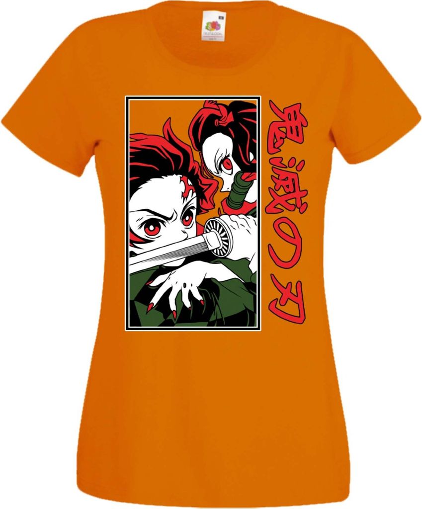 Damen T-Shirt Manga Anime Demon Anime Slayer Tanjiro Nezuko Fighting Fighting, Lady 2XL / Orange